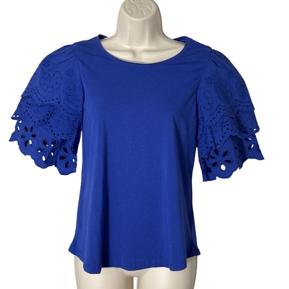 Chico's Royal Blue Embroidered Flutter Sleeve Blouse Size 0 (4-S) - Picture 1 of 6